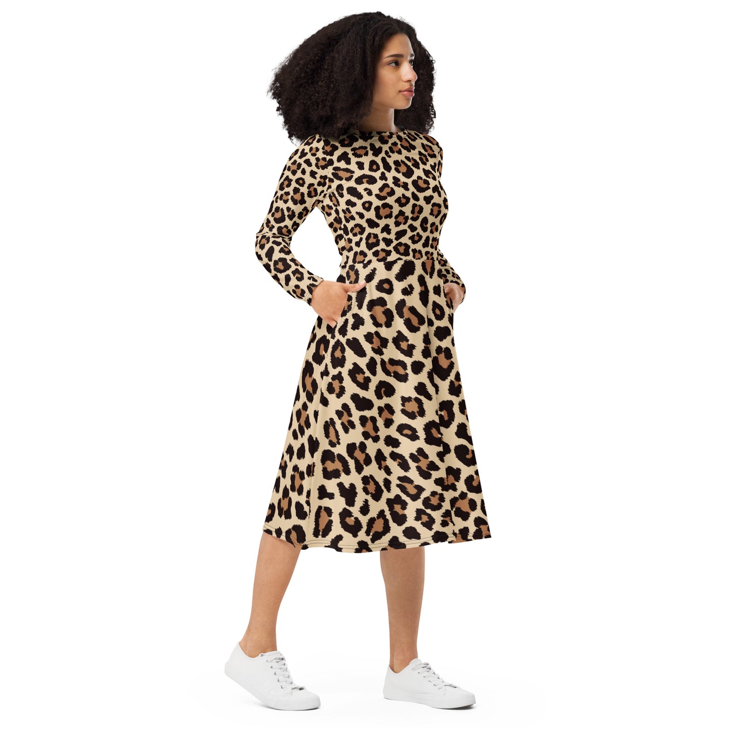 Leopar Chic Feline Women's Long Sleeve Midi Dress - FLAKOUT