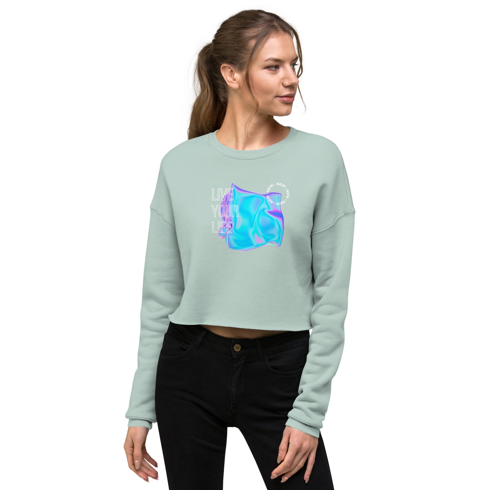 Vivid Existence Live Your Life Women's Crop Sweatshirt - Dusty Blue - FLAKOUT